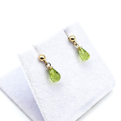 14K Yellow Gold Peridot Drop Earrings, Briolette Cut, August Birthstone