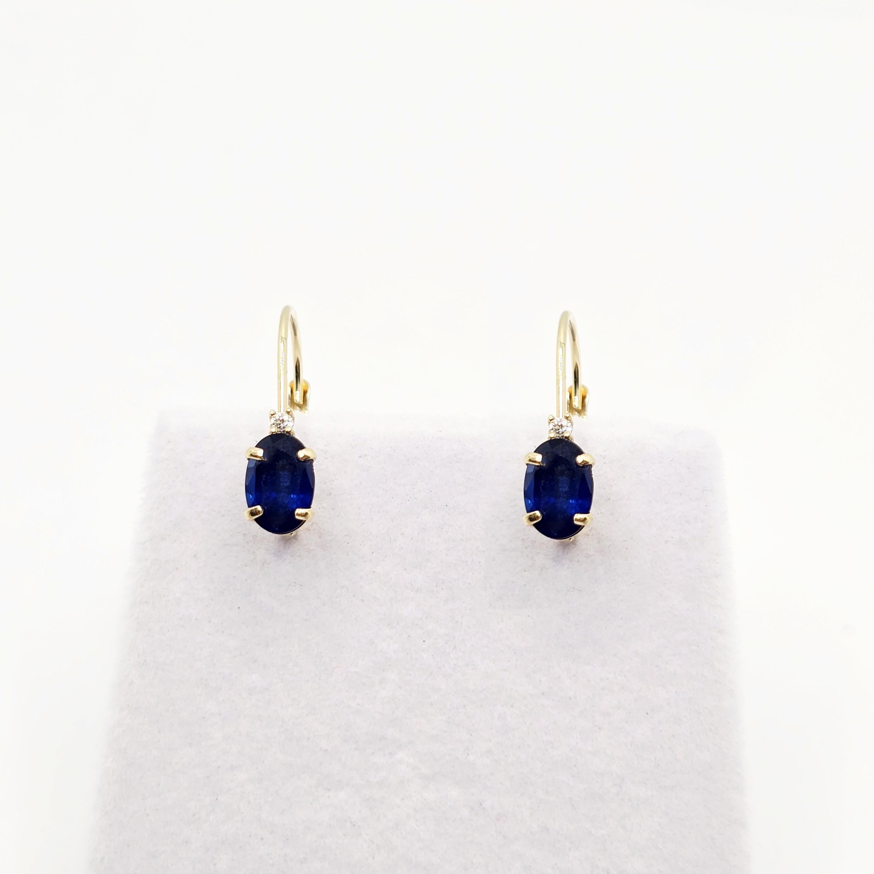 14K Yellow Gold Blue Sapphire 6x4mm Leverback Earrings, Diamond Accent