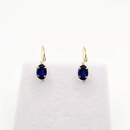 14K Yellow Gold Blue Sapphire 6x4mm Leverback Earrings, Diamond Accent