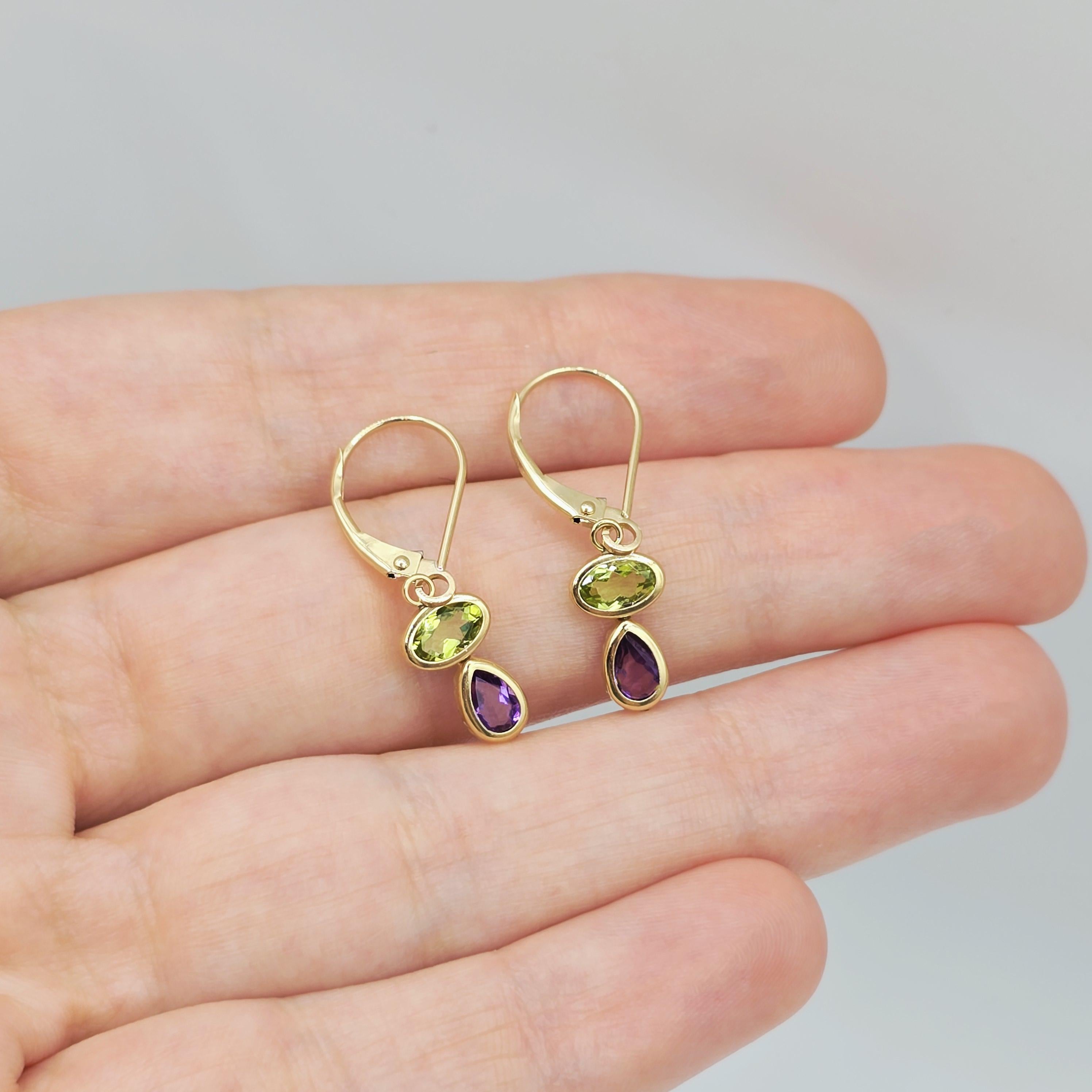 14K Yellow Gold Peridot Amethyst Drop Earrings, Lever Back