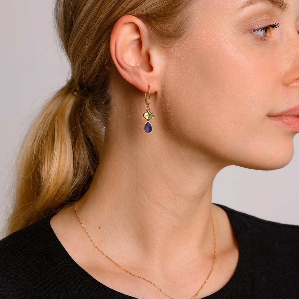 14K Yellow Gold Peridot Amethyst Drop Earrings, Lever Back