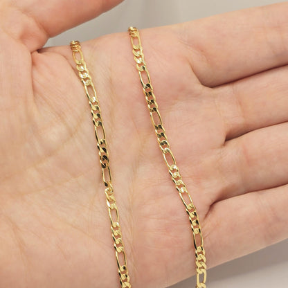 10K Yellow Gold Figaro Chain Necklace, 3mm Solid Gold