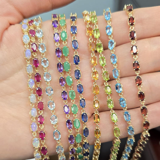 10K Gold Gemstone Bracelet, Natural Multi-Gemstone, Handmade in Canada, Luxury Jewelry Gift