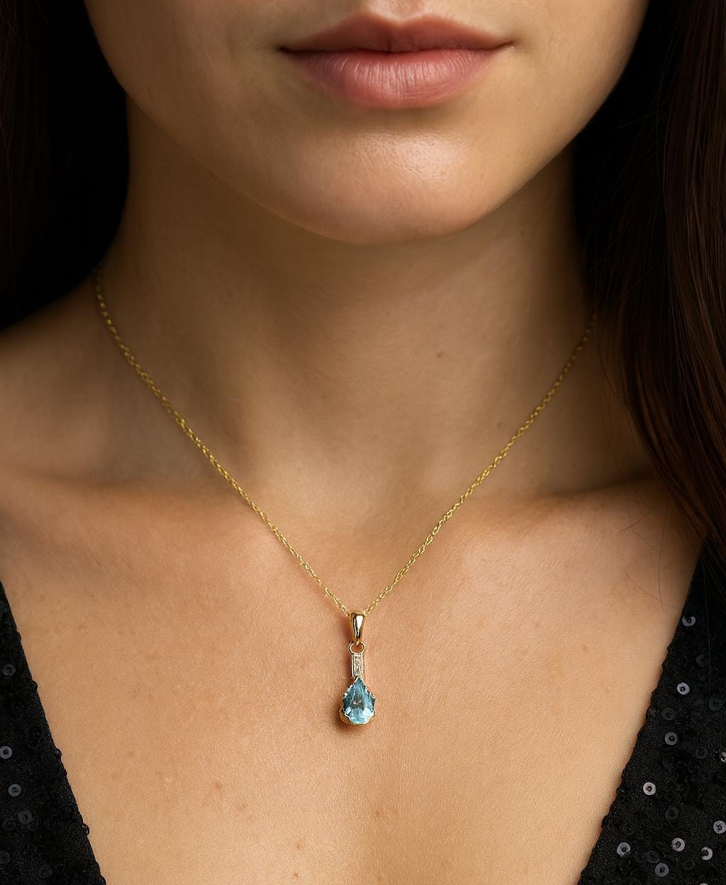 Gold-Plated Sterling Silver Blue Topaz Pear Pendant, CZ Accents