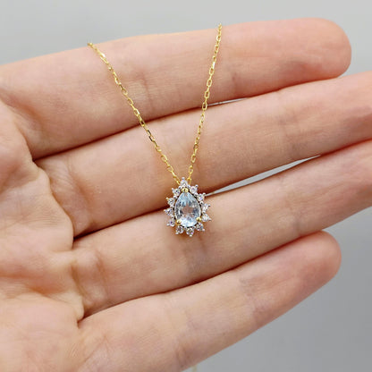 Blue Topaz Pear Pendant Necklace, Gold-Plated Sterling Silver, CZ Halo