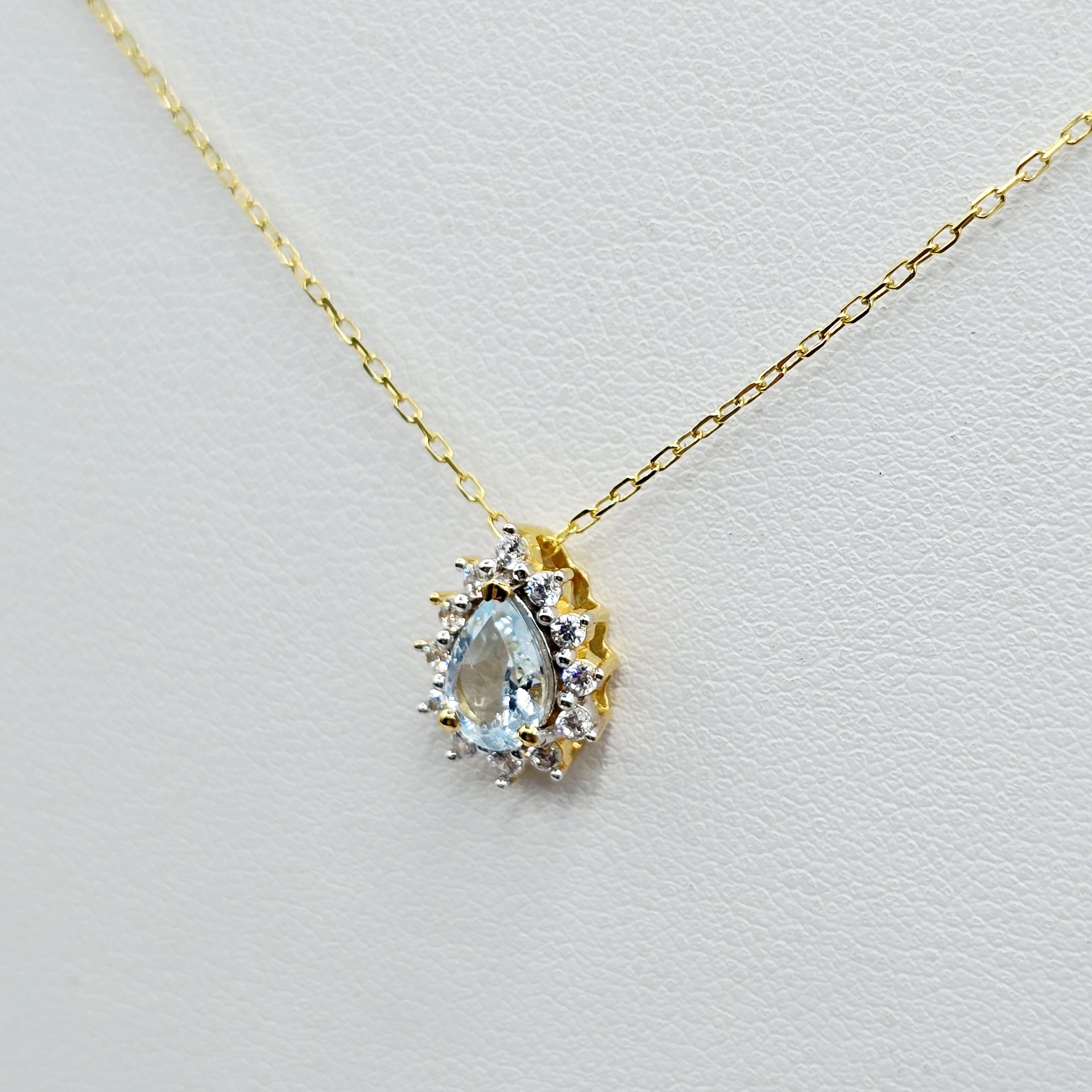 Blue Topaz Pear Pendant Necklace, Gold-Plated Sterling Silver, CZ Halo