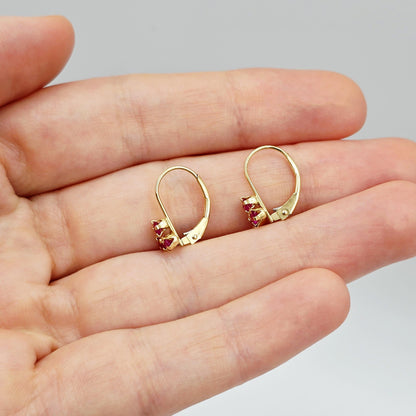 14K Yellow Gold Ruby Earrings , Dangle Lever back Gemstone Earrings