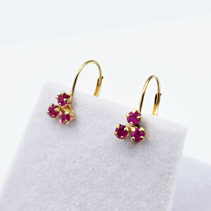 14K Yellow Gold Ruby Earrings , Dangle Lever back Gemstone Earrings