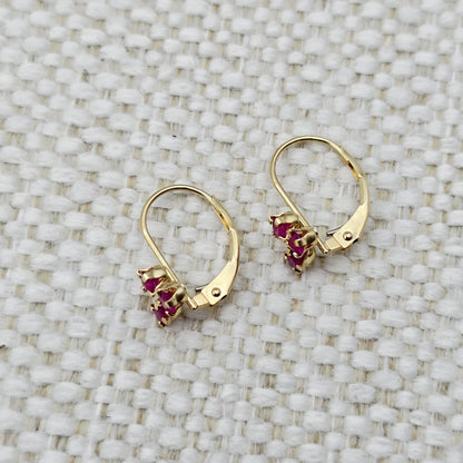 14K Yellow Gold Ruby Earrings , Dangle Lever back Gemstone Earrings