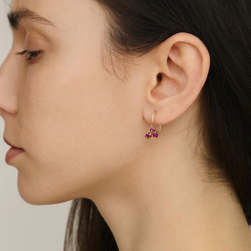 14K Yellow Gold Ruby Earrings , Dangle Lever back Gemstone Earrings