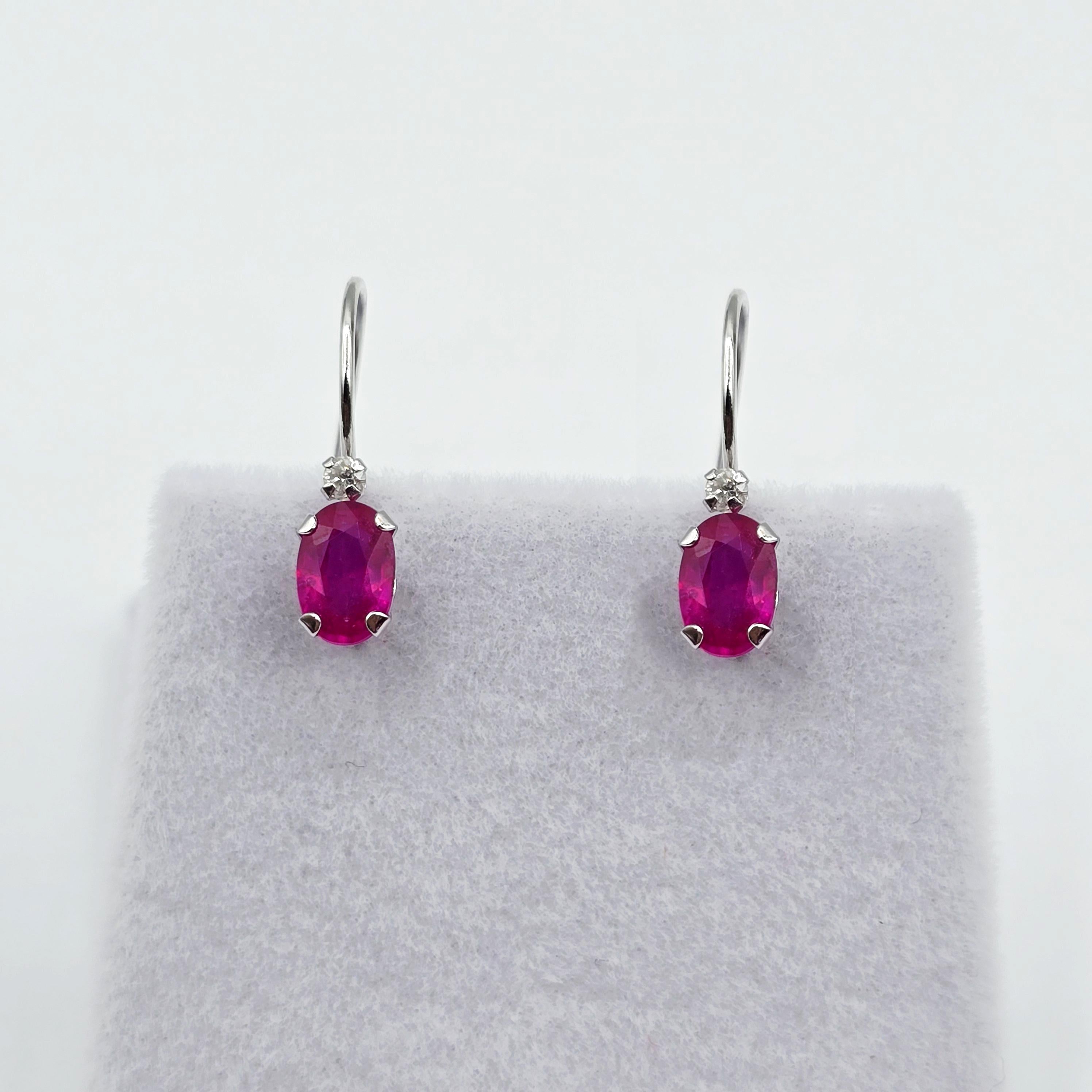 10K White Gold Ruby Earrings, Diamond Leverback, July Birthstone