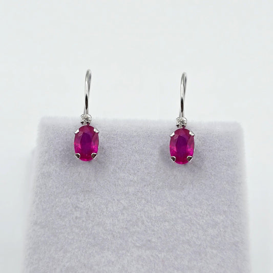 10K White Gold Ruby Earrings, Diamond Leverback, July Birthstone