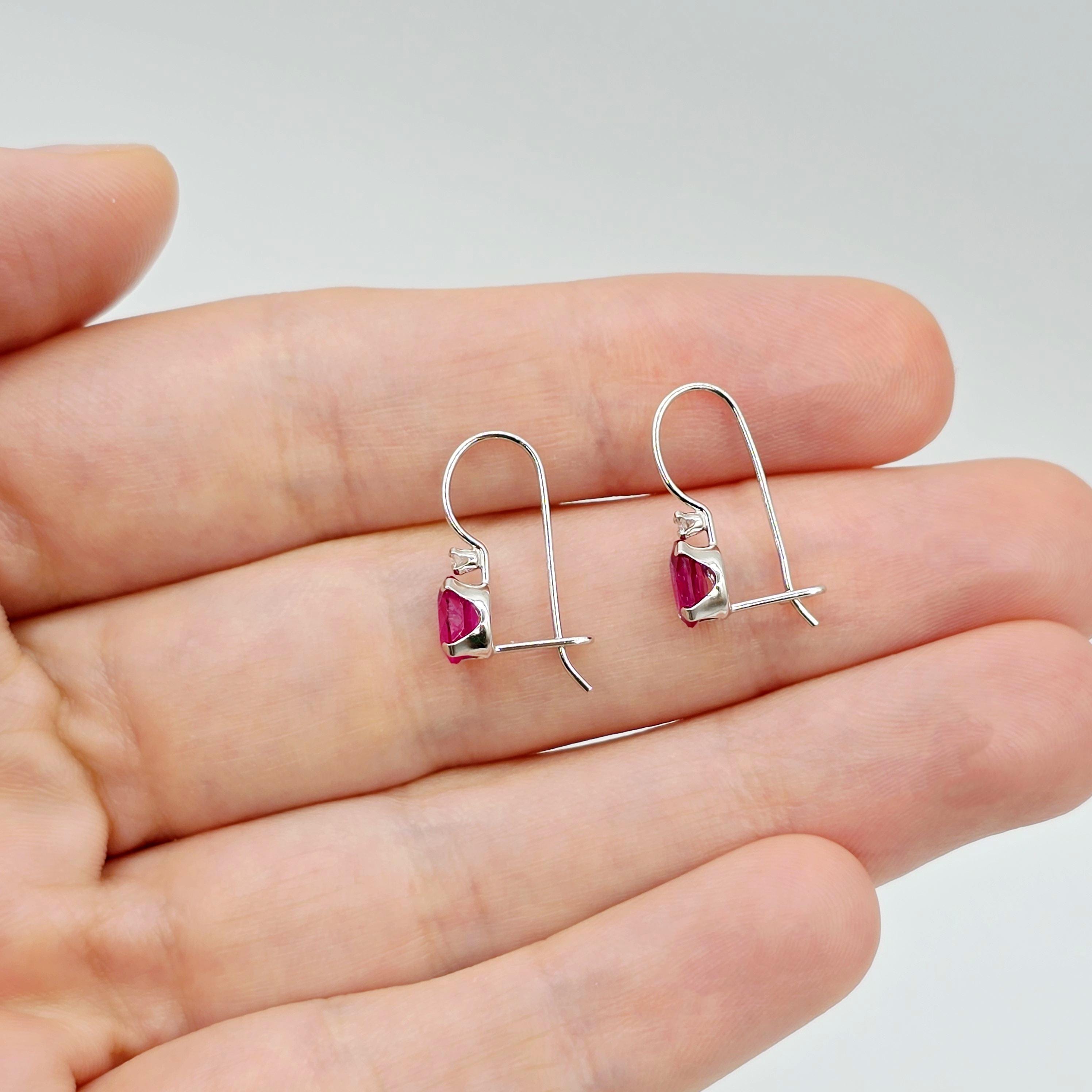 10K White Gold Ruby Earrings, Diamond Leverback, July Birthstone