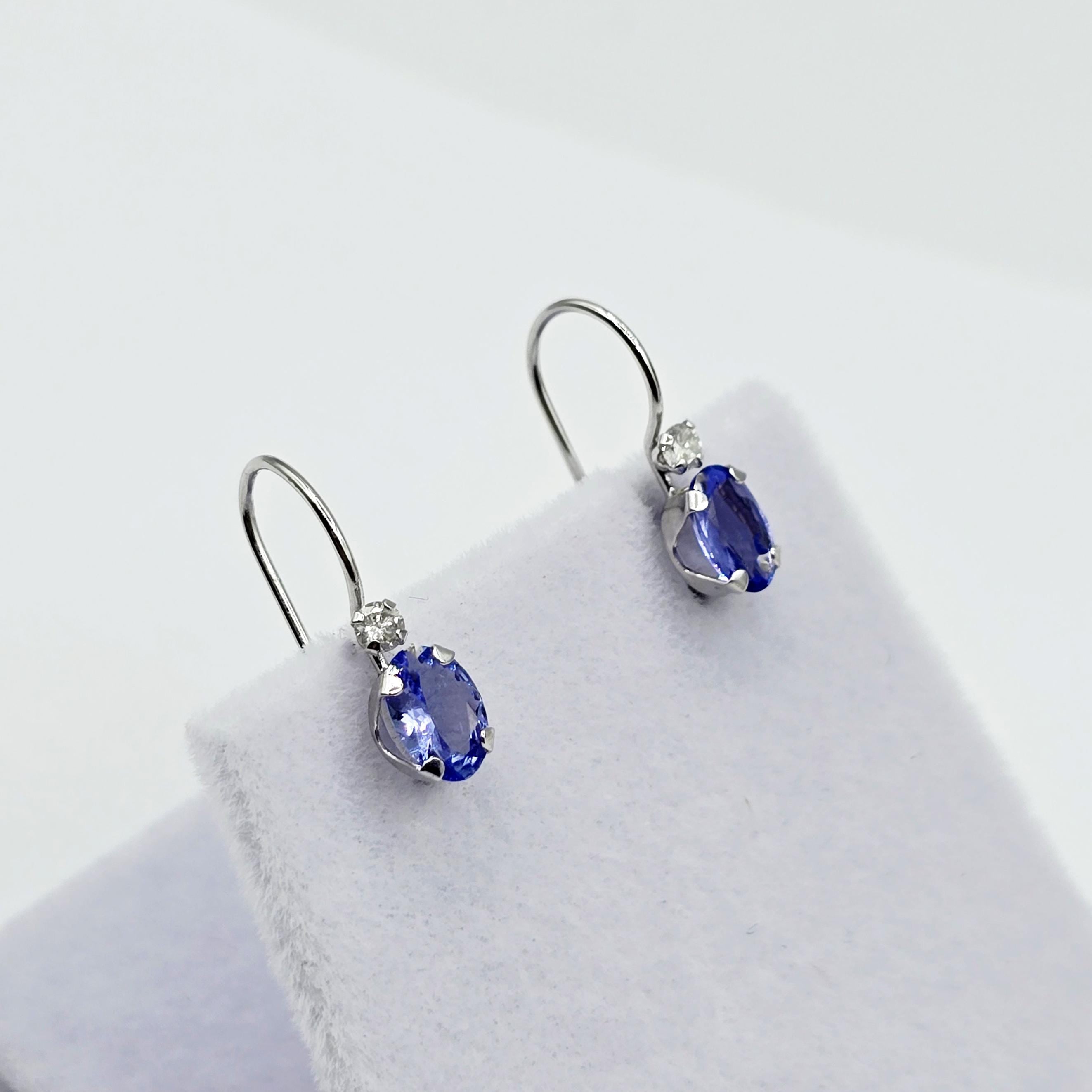 10K White Gold Tanzanite Leverback Earrings, Natural Diamond Accents