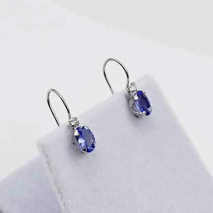 10K White Gold Tanzanite Leverback Earrings, Natural Diamond Accents