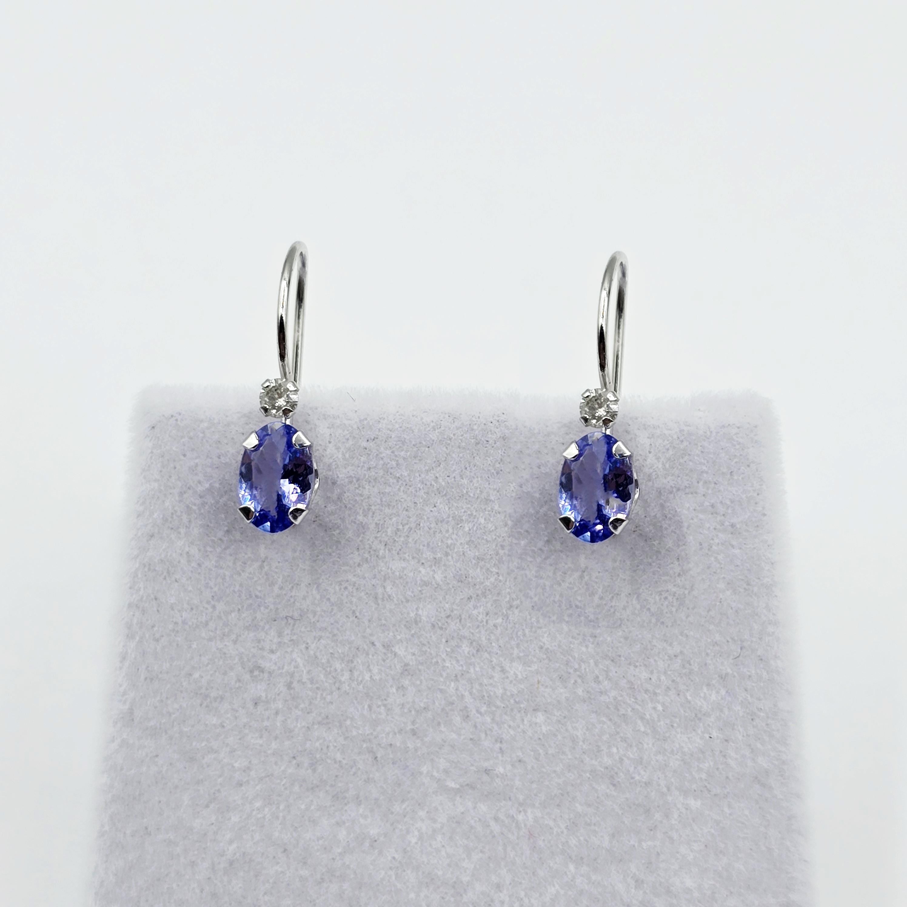 10K White Gold Tanzanite Leverback Earrings, Natural Diamond Accents