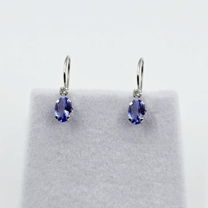 10K White Gold Tanzanite Leverback Earrings, Natural Diamond Accents