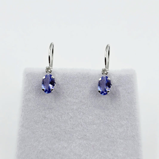 10K White Gold Tanzanite Leverback Earrings, Natural Diamond Accents