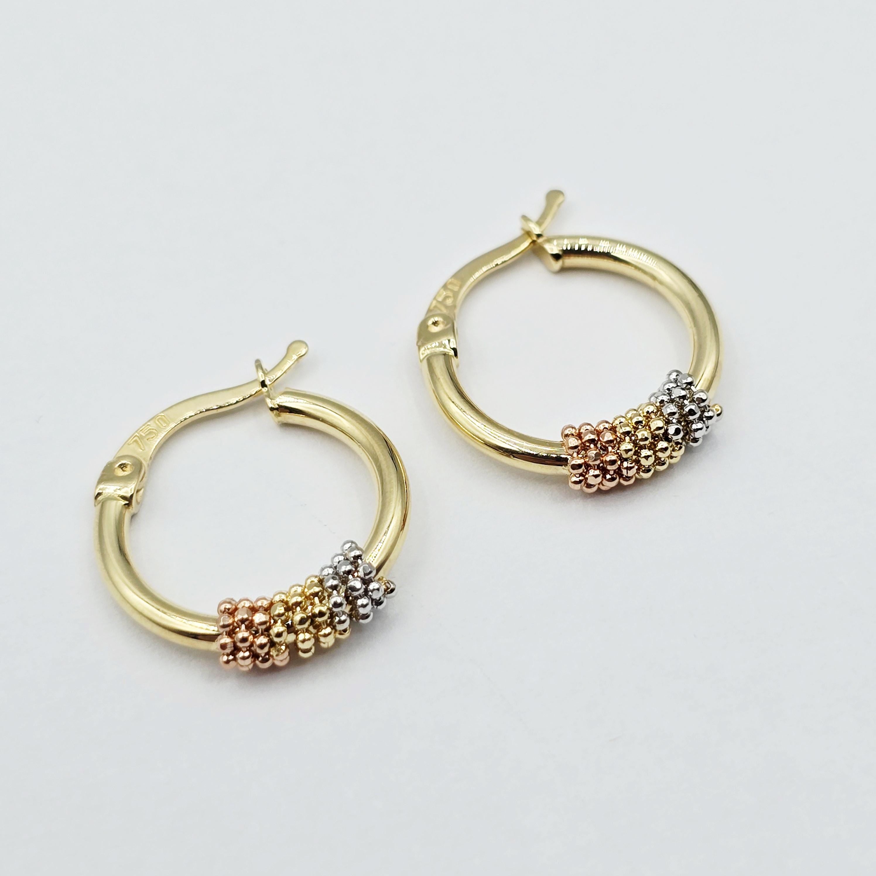 18K Solid Gold Tri-Color Hoop Earrings, 18mm , Anniversary Gift