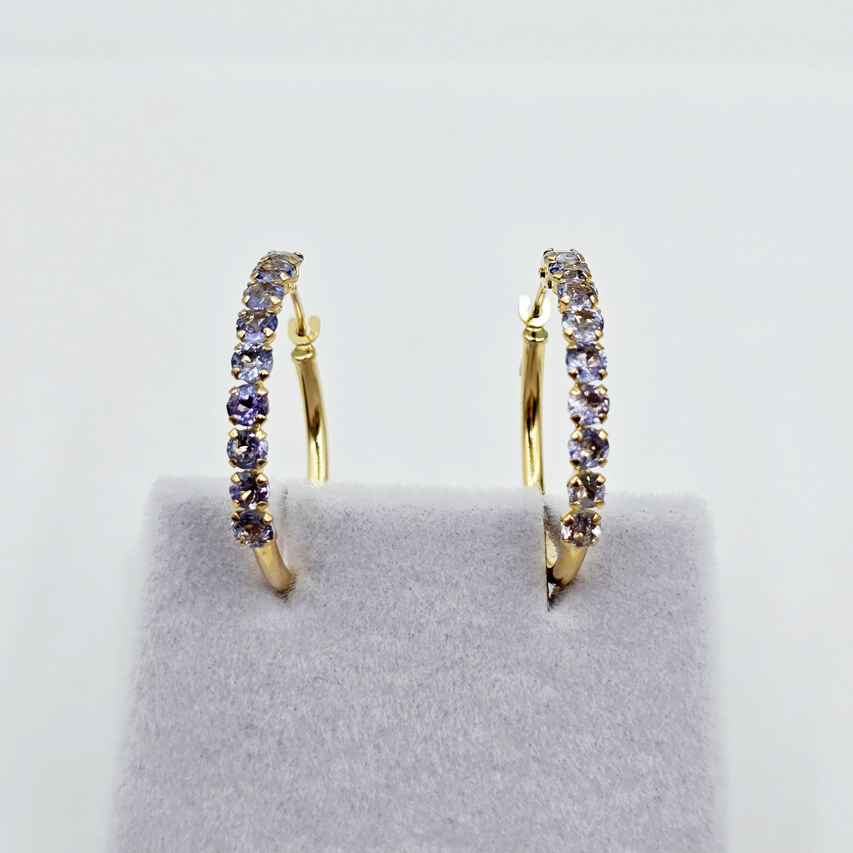 10K Yellow Gold Tanzanite Hoop Earrings, 20mm