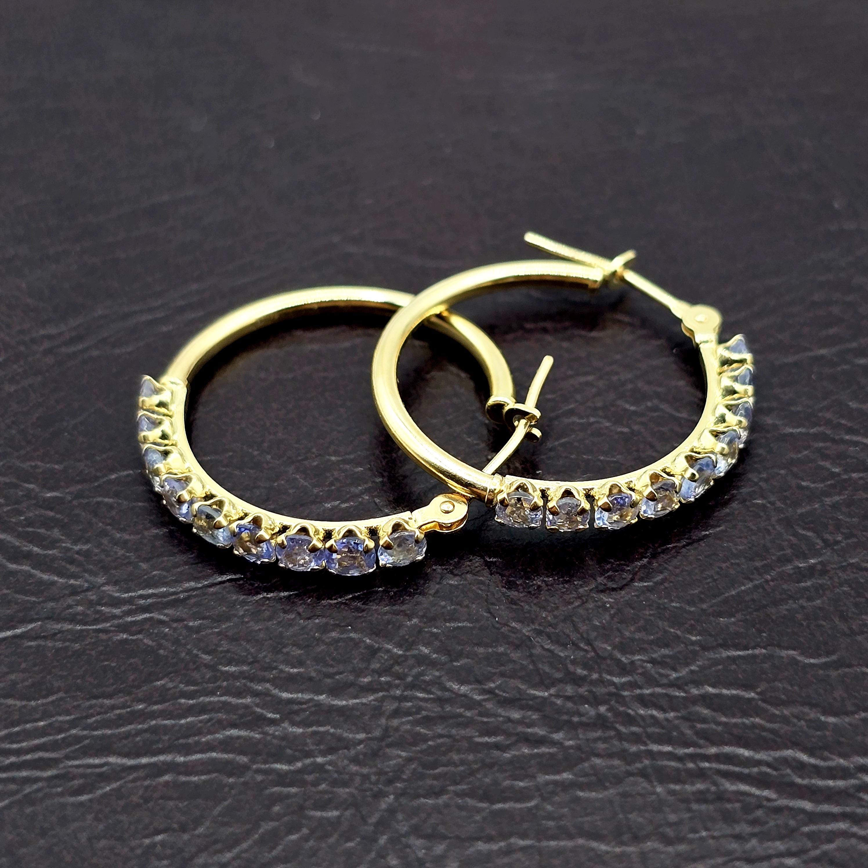 10K Yellow Gold Tanzanite Hoop Earrings, 20mm