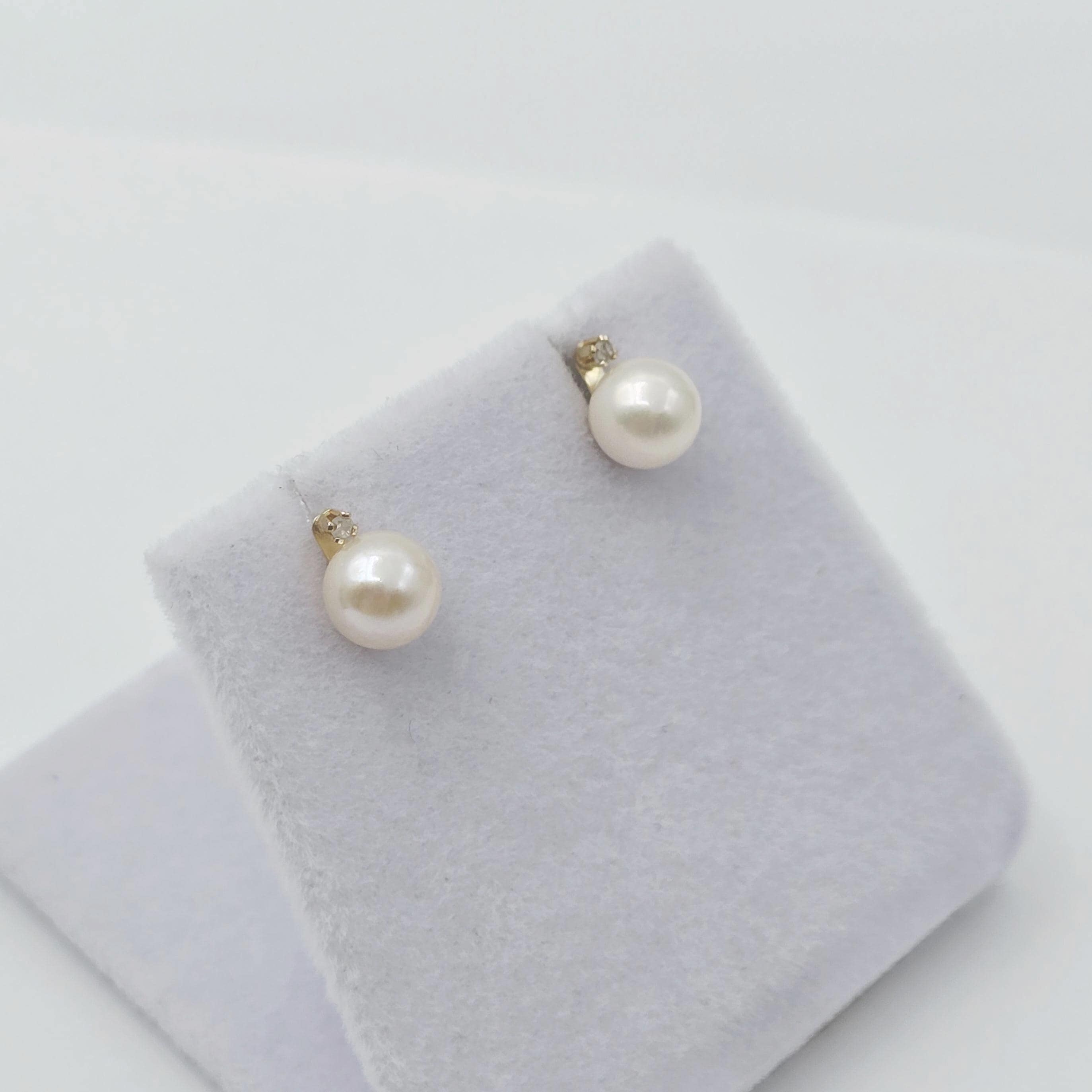 14K Yellow Gold Cultured Pearl Diamond Stud Earrings, Handmade, Bridesmaid Gift