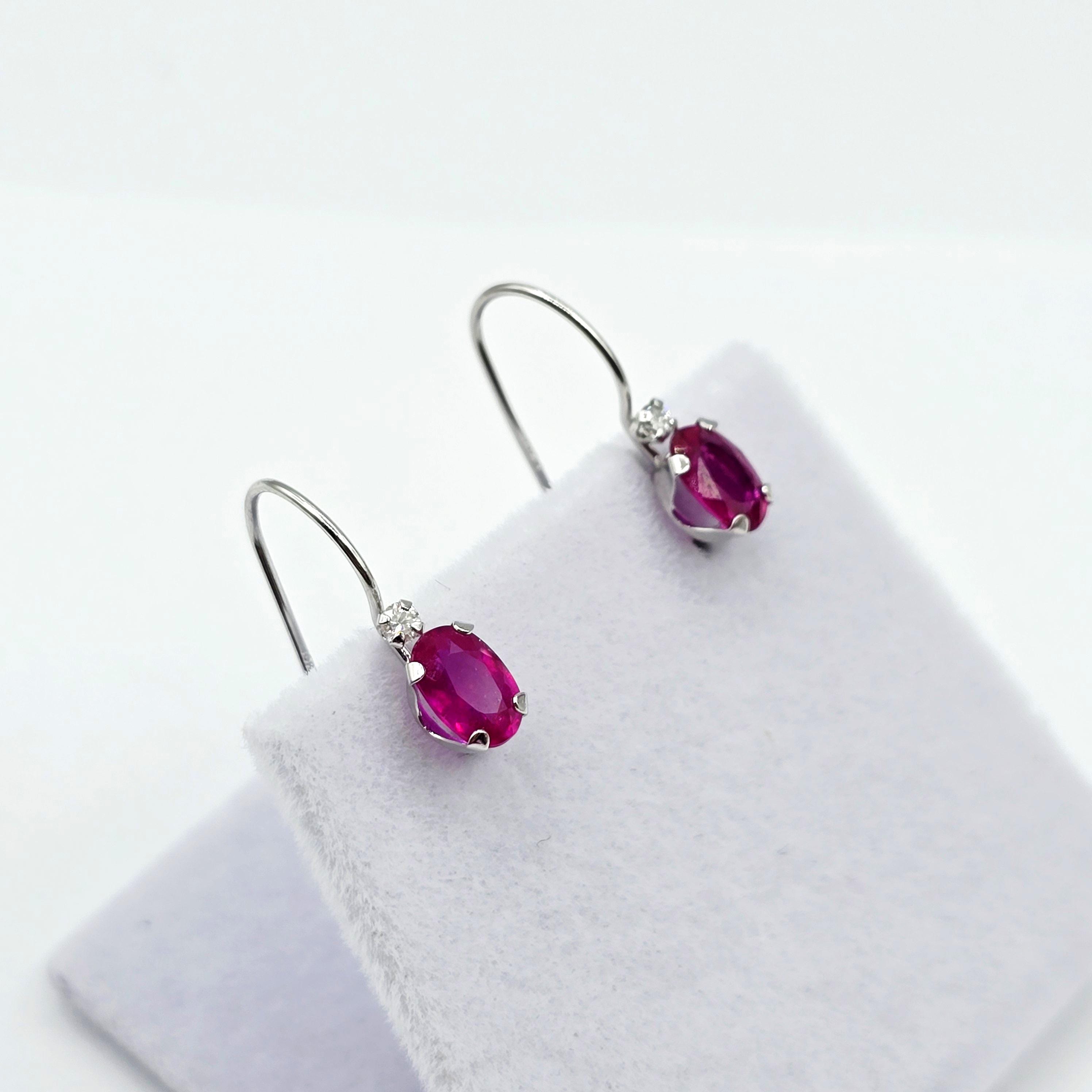10K White Gold Ruby Earrings, Diamond Leverback, July Birthstone