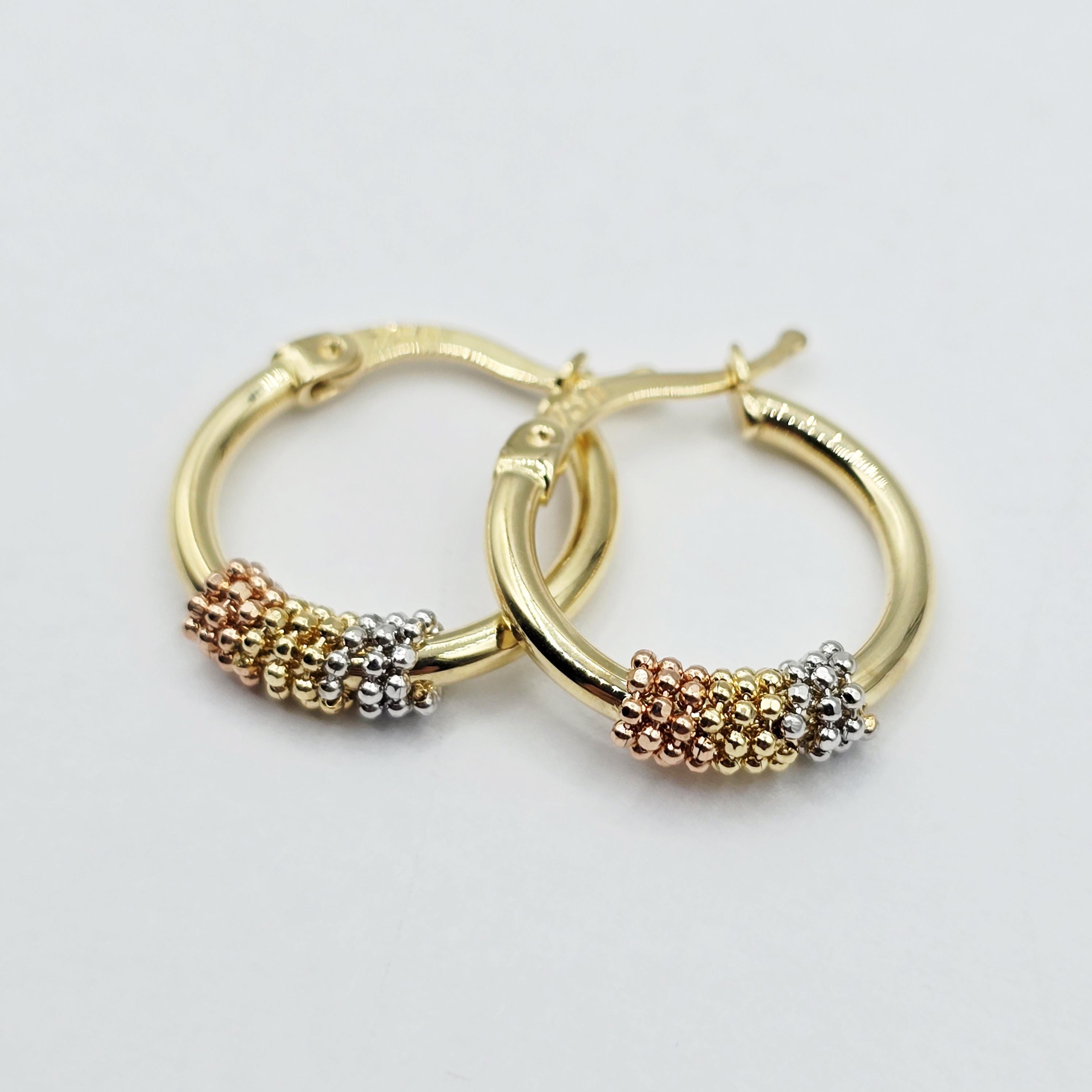 18K Solid Gold Tri-Color Hoop Earrings, 18mm , Anniversary Gift