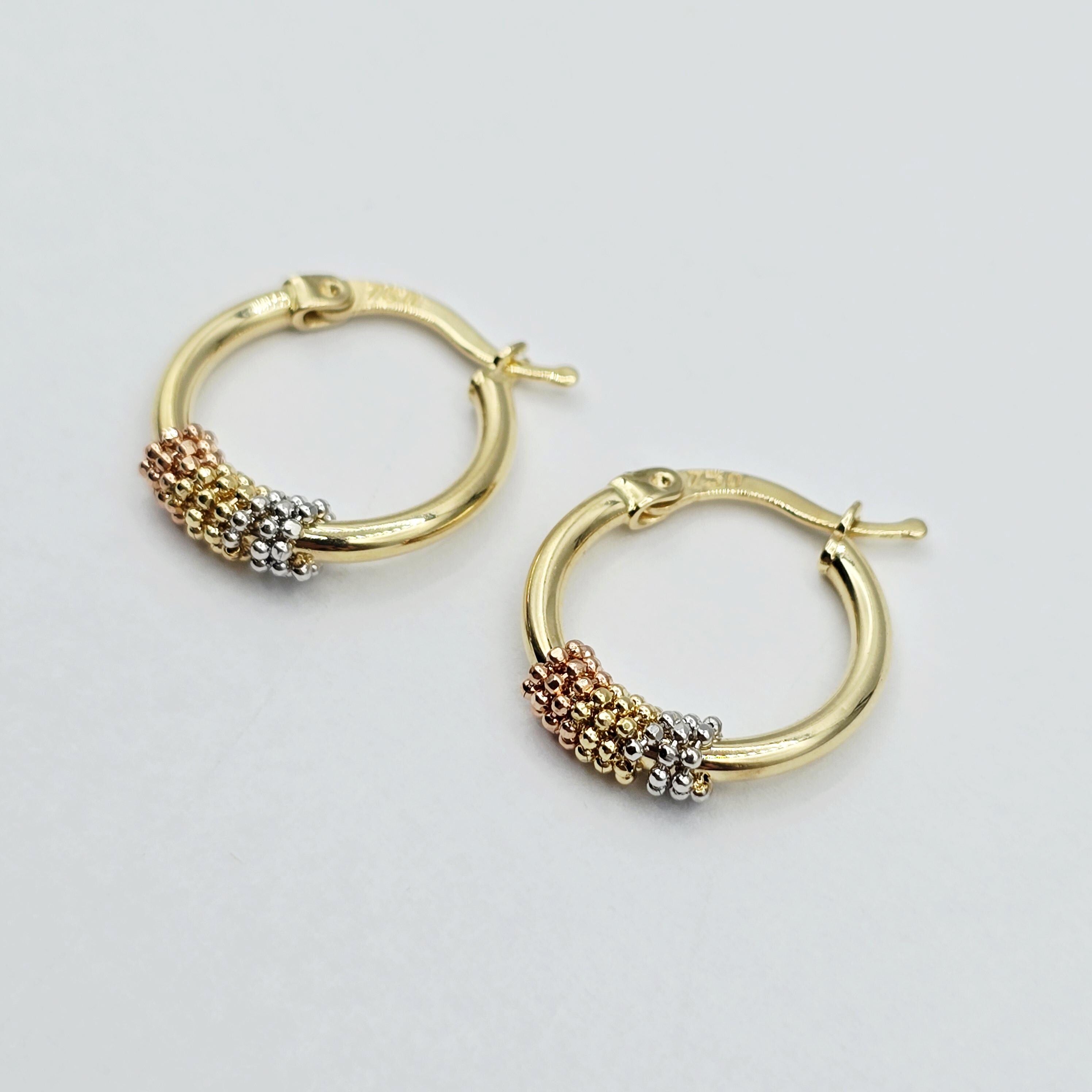18K Solid Gold Tri-Color Hoop Earrings, 18mm , Anniversary Gift