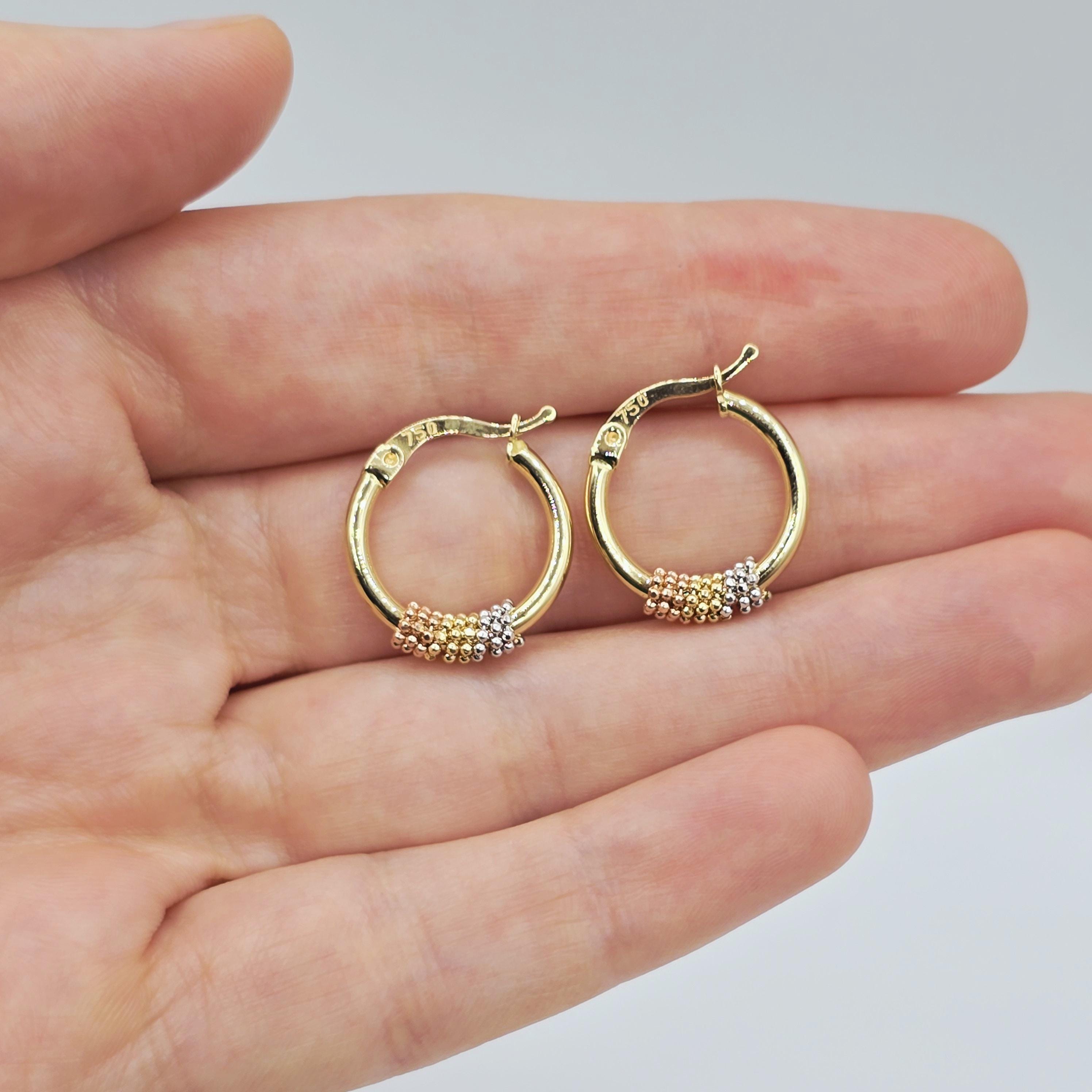 18K Solid Gold Tri-Color Hoop Earrings, 18mm , Anniversary Gift