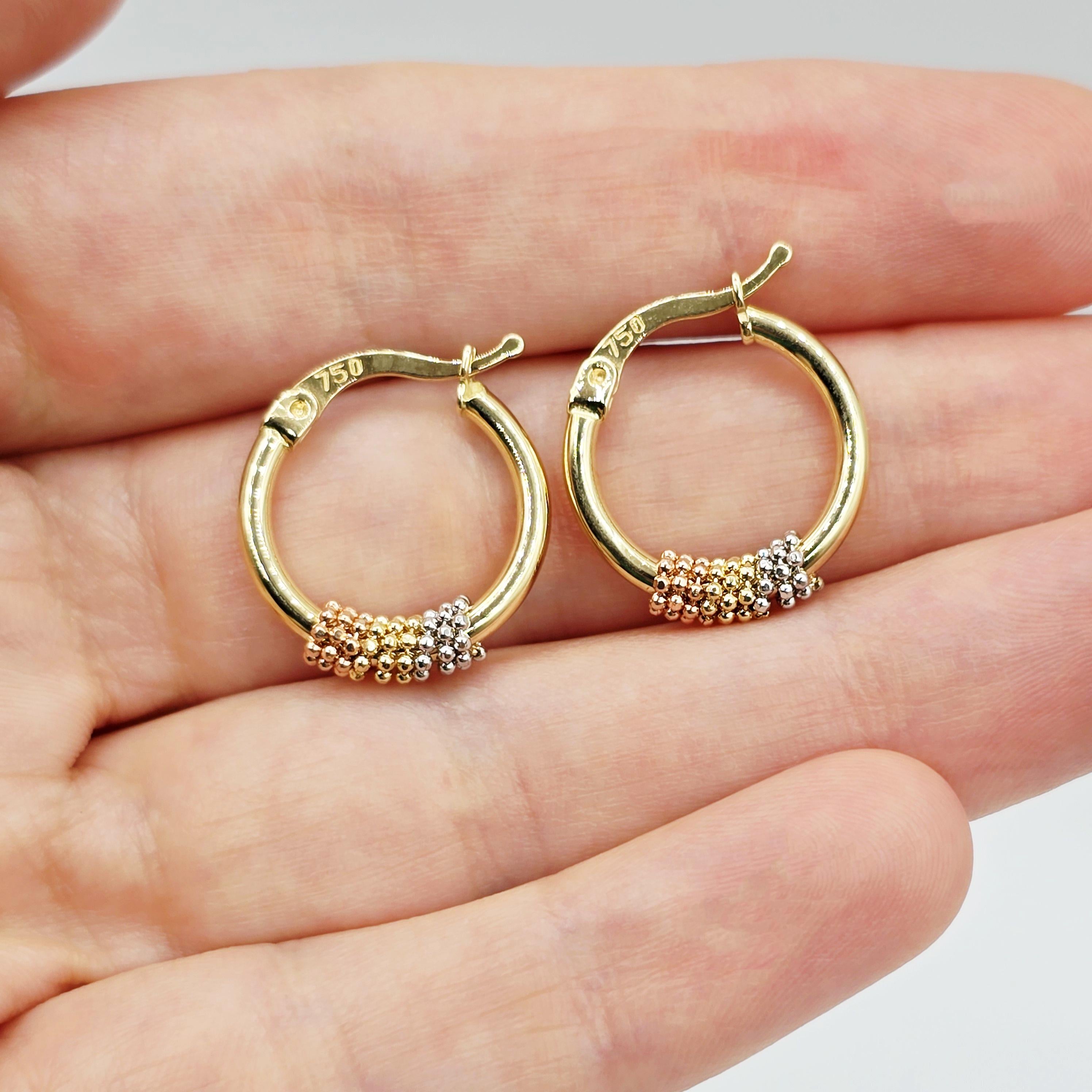 18K Solid Gold Tri-Color Hoop Earrings, 18mm , Anniversary Gift