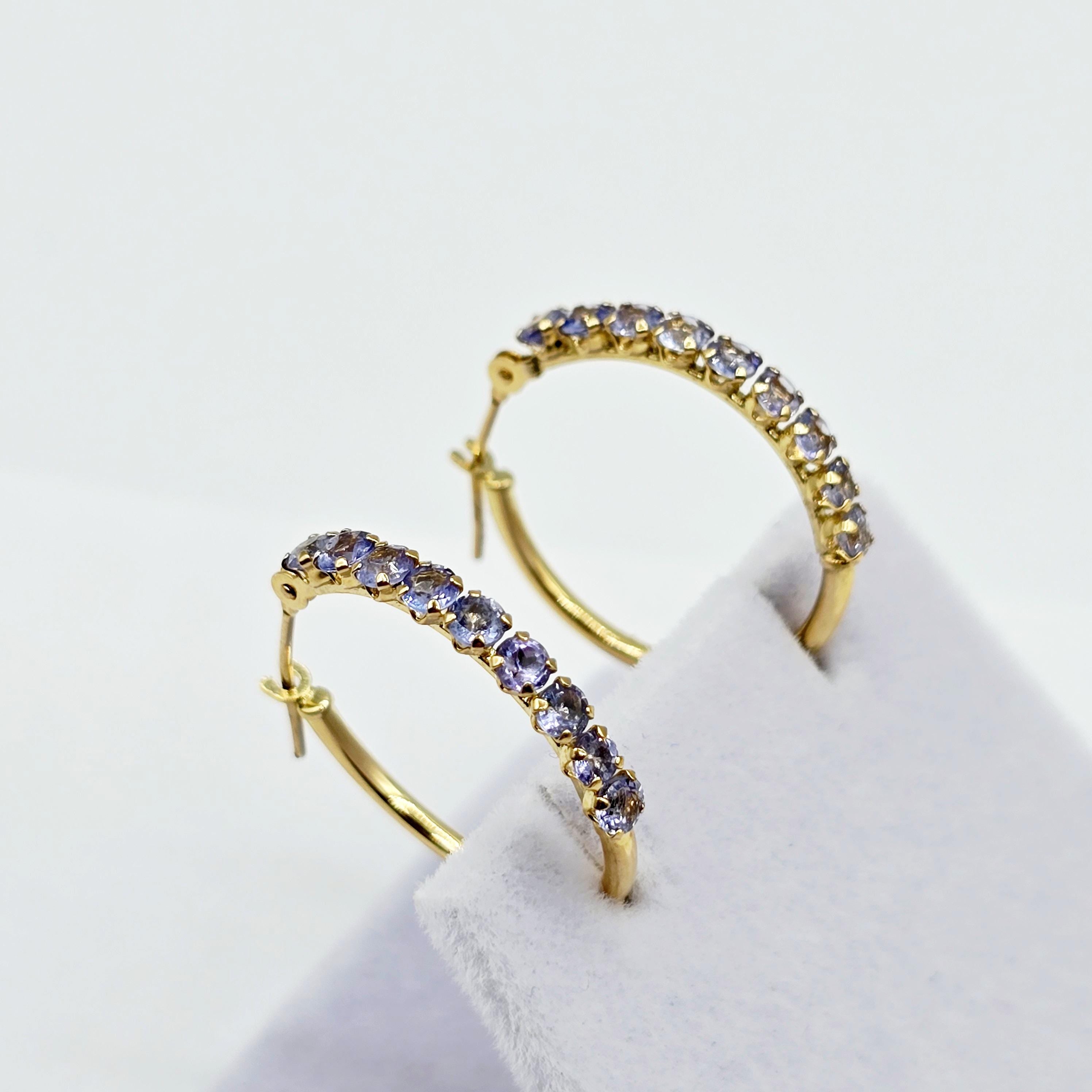 10K Yellow Gold Tanzanite Hoop Earrings, 20mm