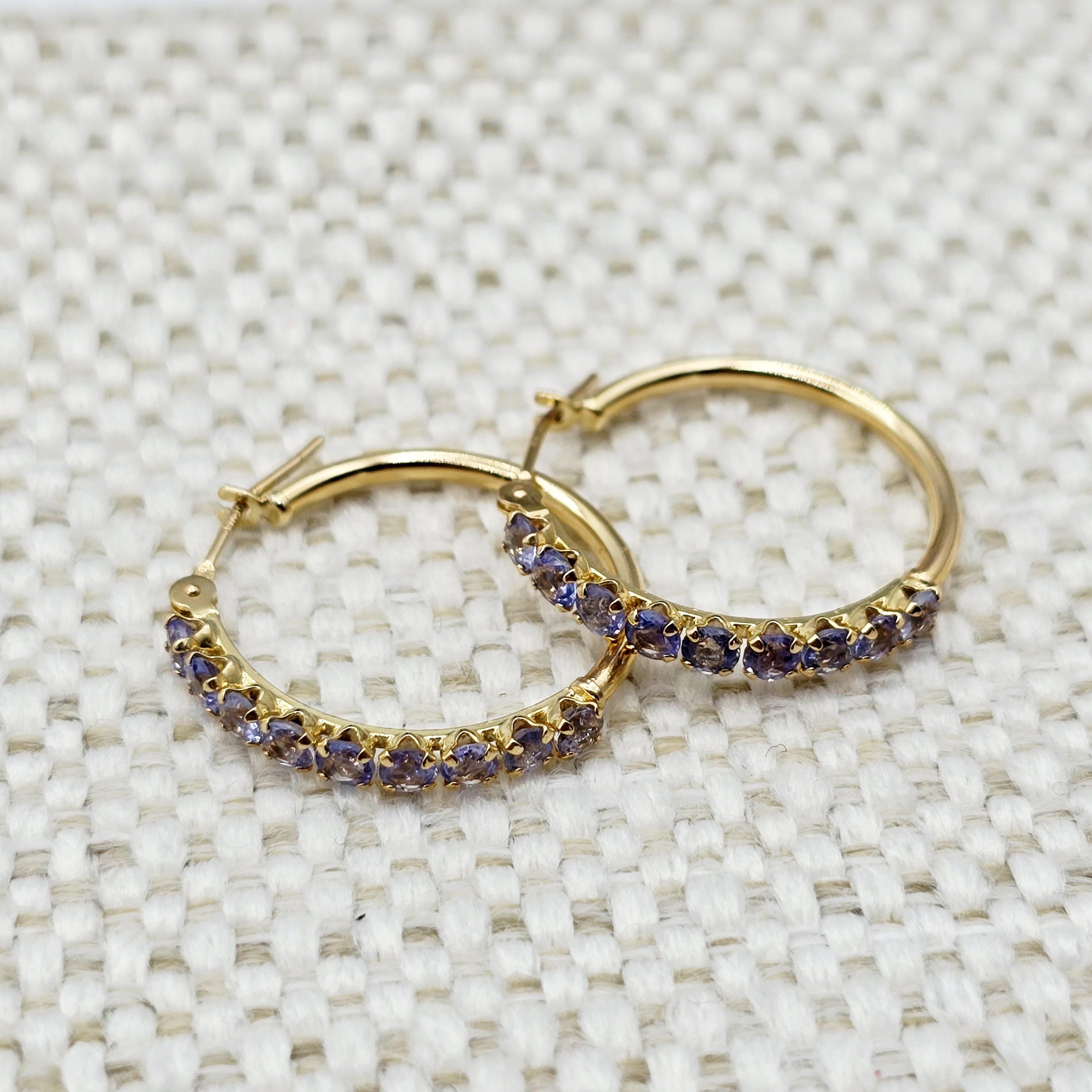 10K Yellow Gold Tanzanite Hoop Earrings, 20mm
