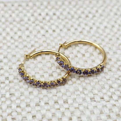 10K Yellow Gold Tanzanite Hoop Earrings, 20mm
