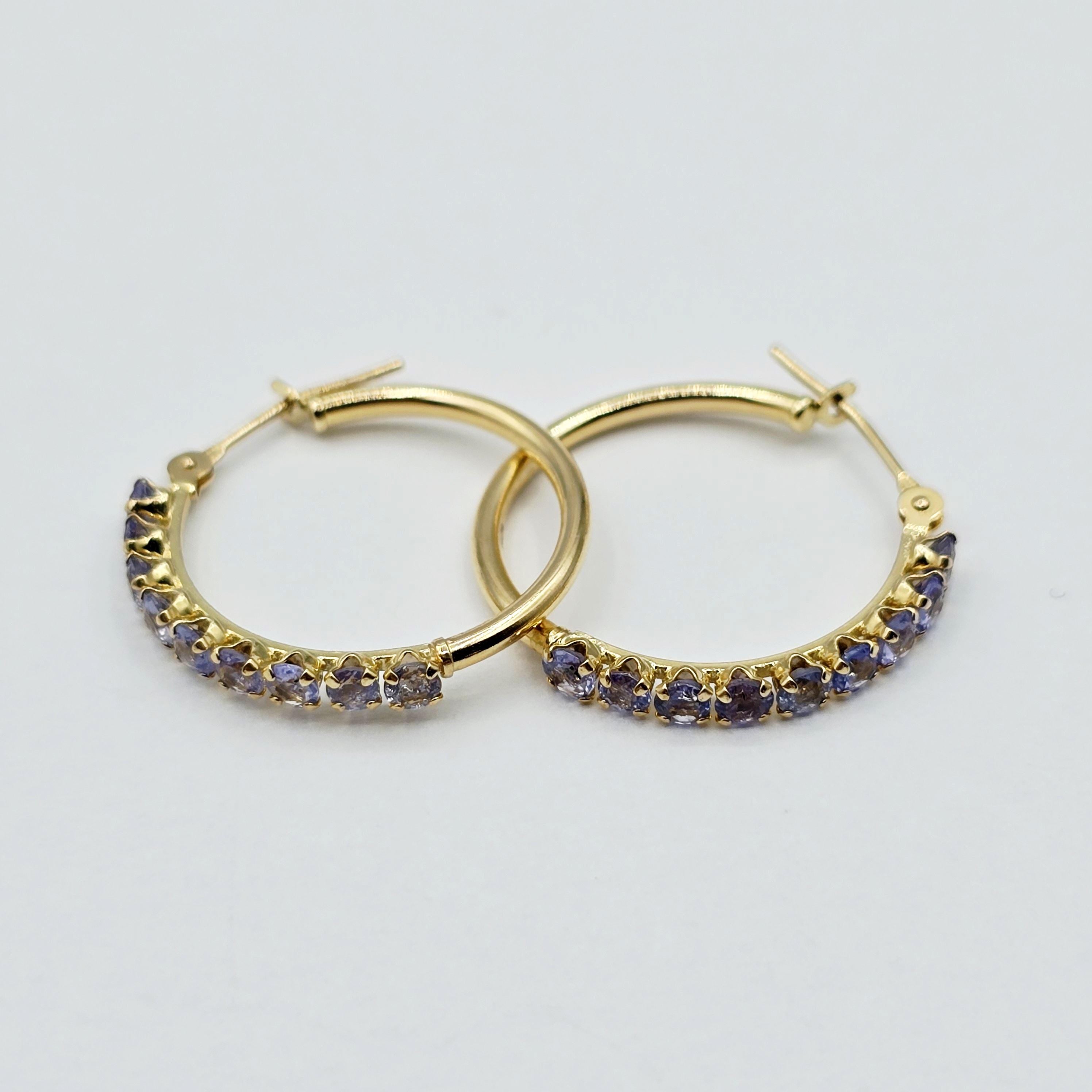 10K Yellow Gold Tanzanite Hoop Earrings, 20mm