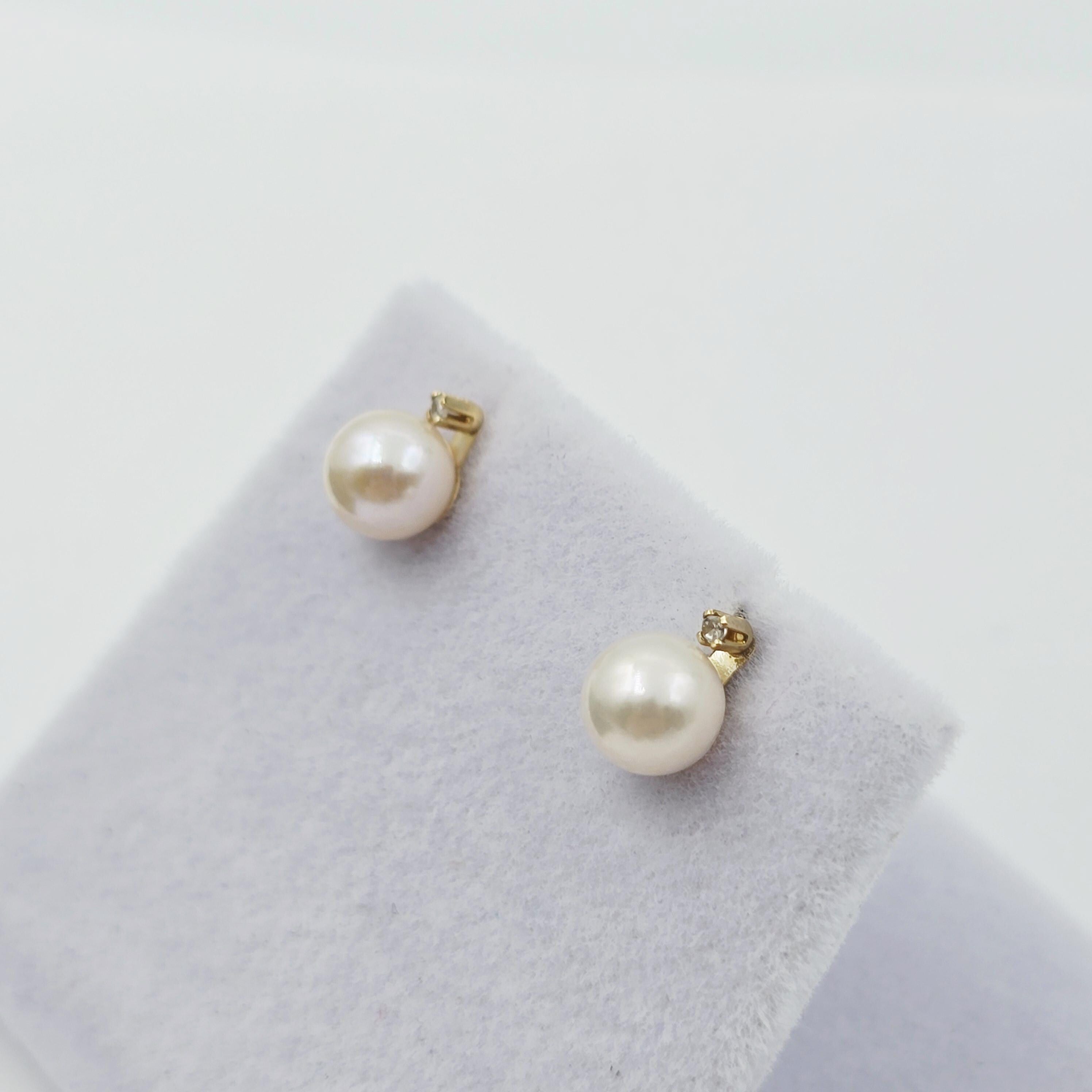 14K Yellow Gold Cultured Pearl Diamond Stud Earrings, Handmade, Bridesmaid Gift