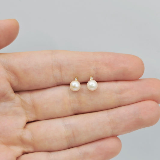 14K Yellow Gold Cultured Pearl Diamond Stud Earrings, Handmade, Bridesmaid Gift