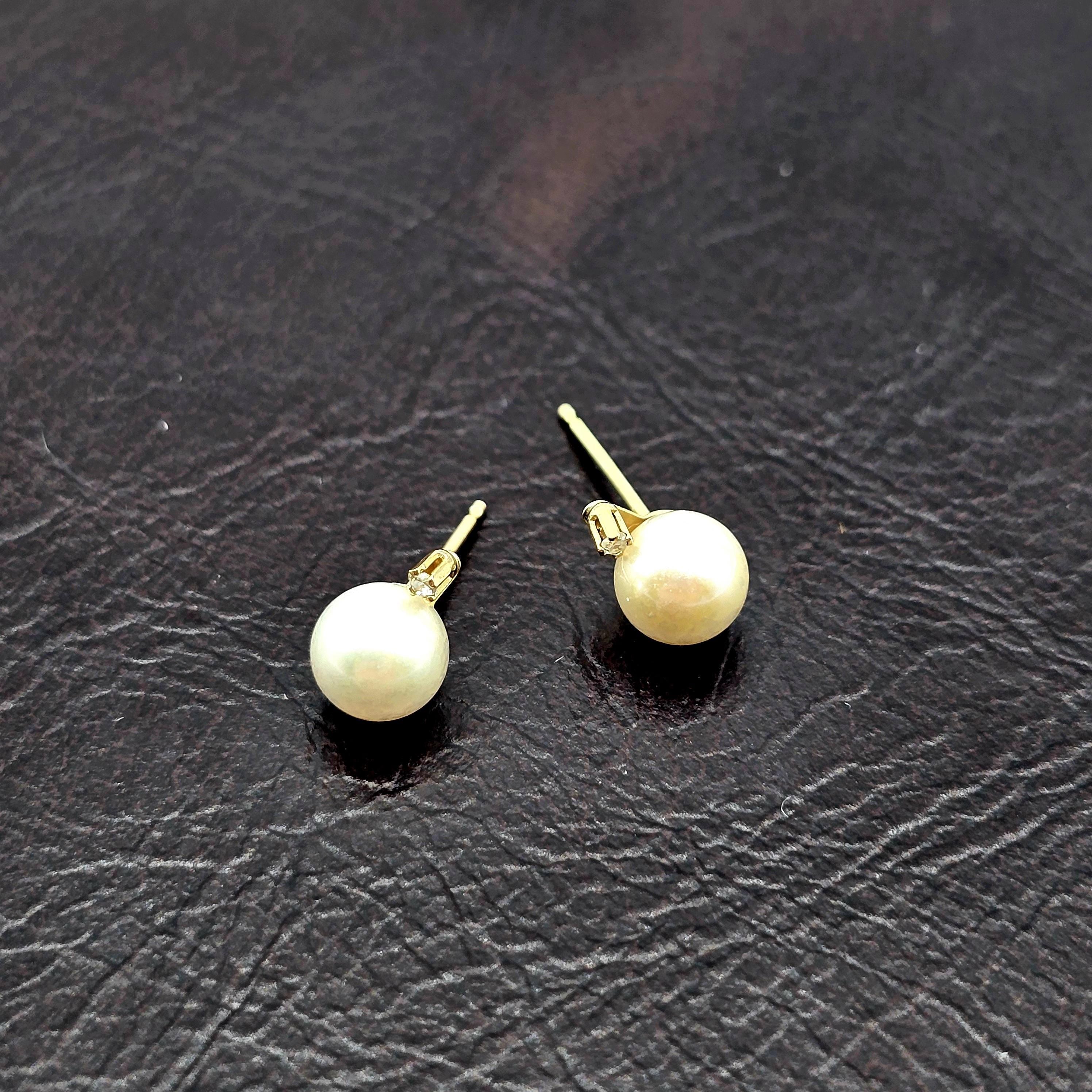 14K Yellow Gold Cultured Pearl Diamond Stud Earrings, Handmade, Bridesmaid Gift