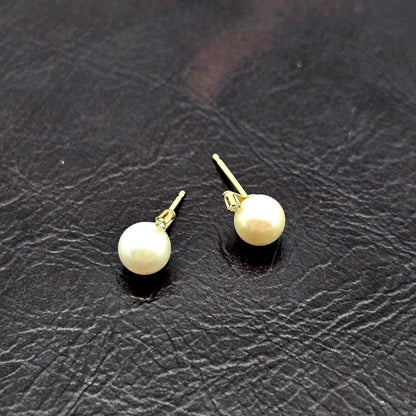 14K Yellow Gold Cultured Pearl Diamond Stud Earrings, Handmade, Bridesmaid Gift