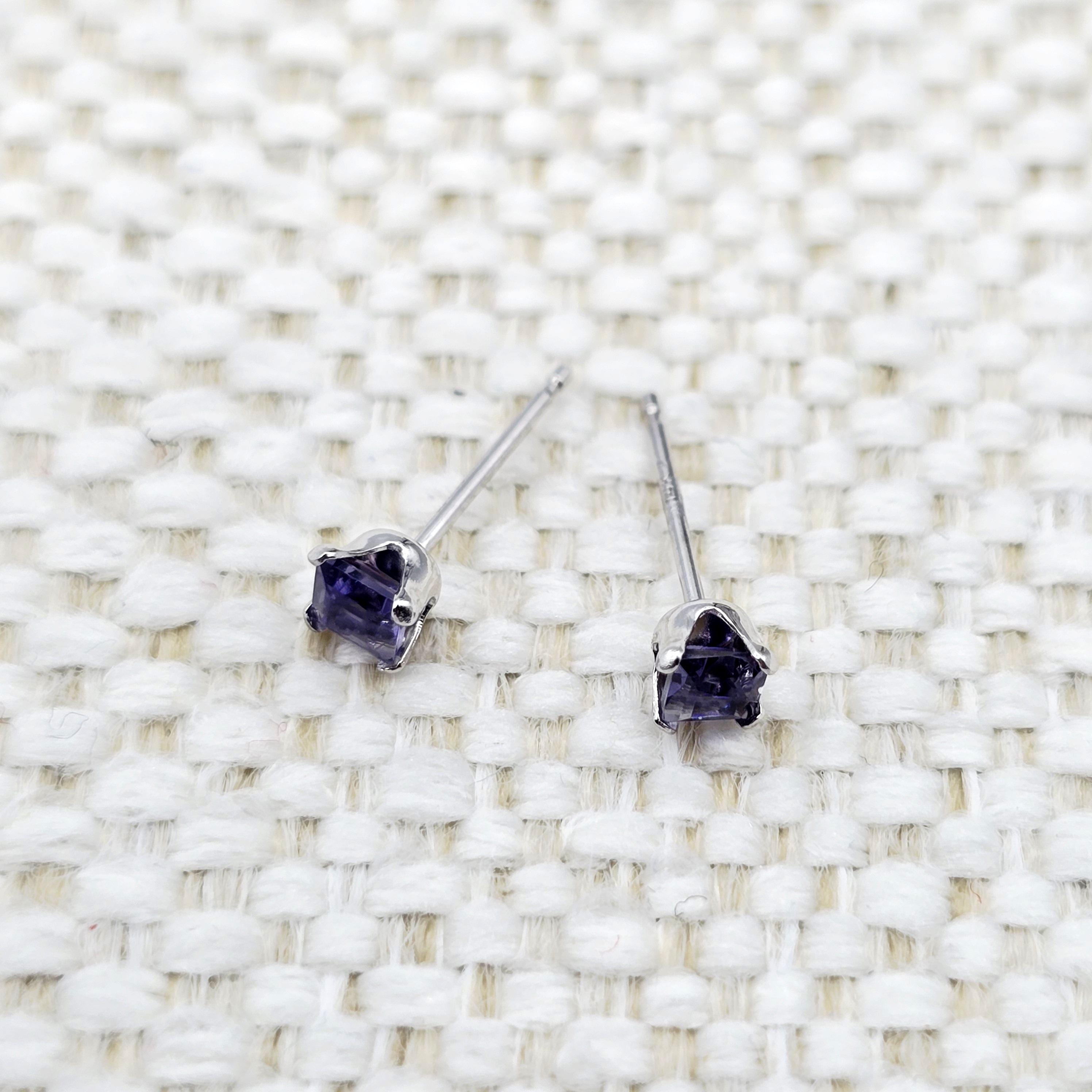 10K Gold Iolite 3x3mm Stud Earrings: Minimalist Stone 3mm