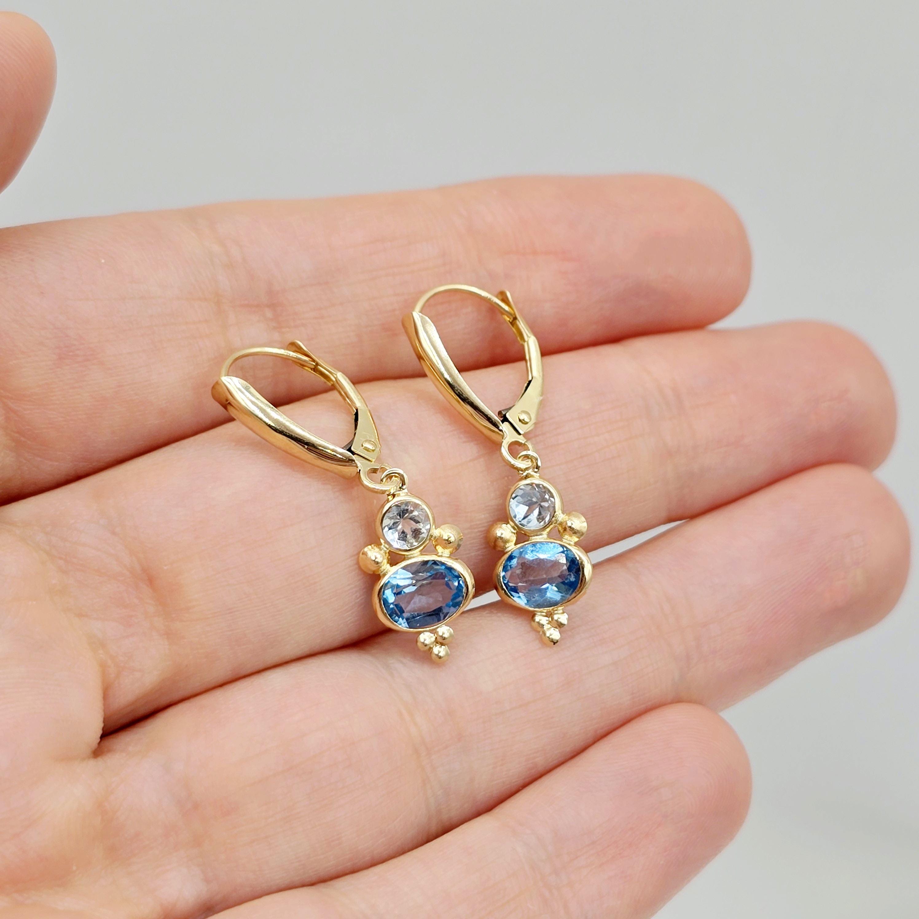 14K Yellow Gold Blue Topaz Aquamarine Dangle Earrings