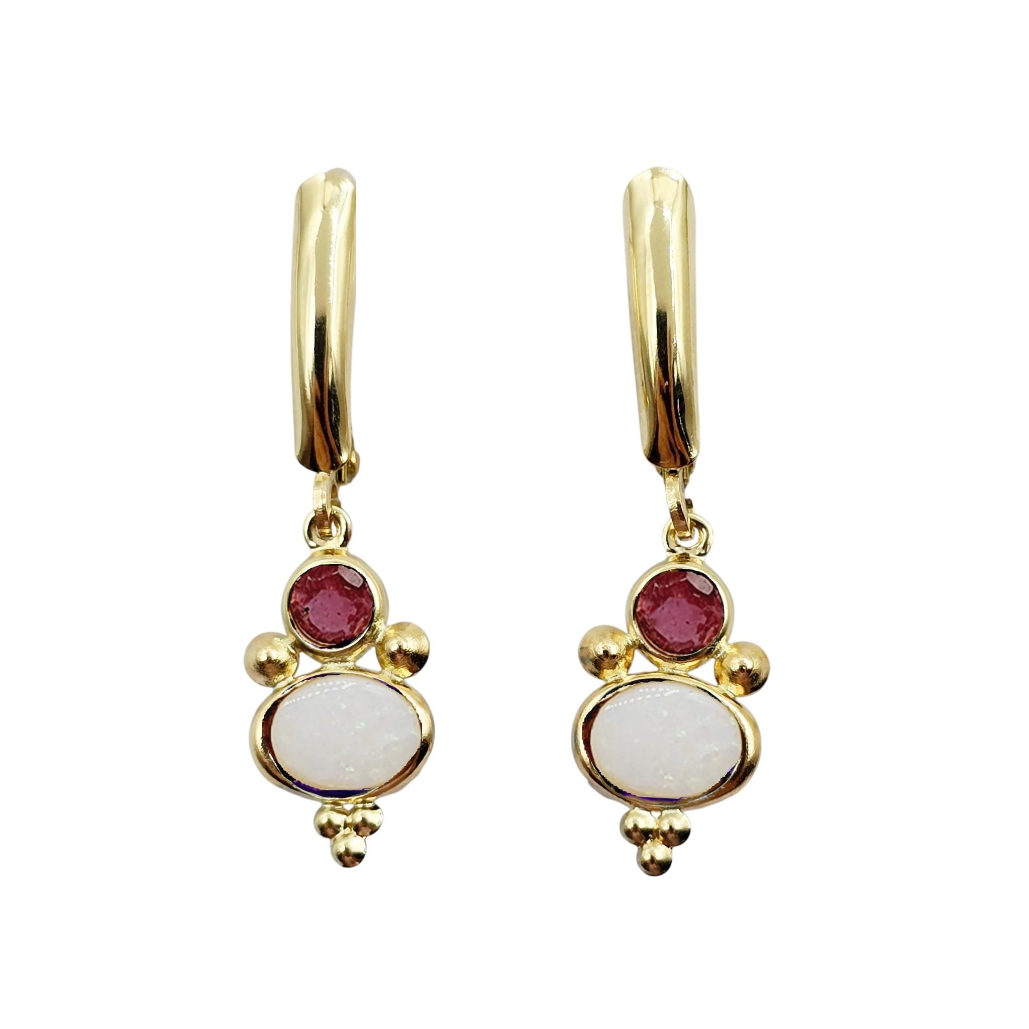 14K Gold Opal and Tourmaline Dangle Earrings, Handmade Lever Back Earrings