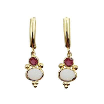 14K Gold Opal and Tourmaline Dangle Earrings, Handmade Lever Back Earrings