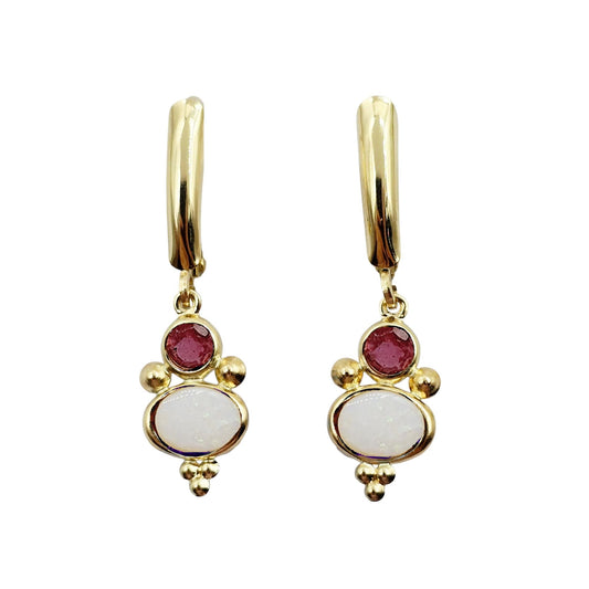 14K Gold Opal and Tourmaline Dangle Earrings, Handmade Lever Back Earrings