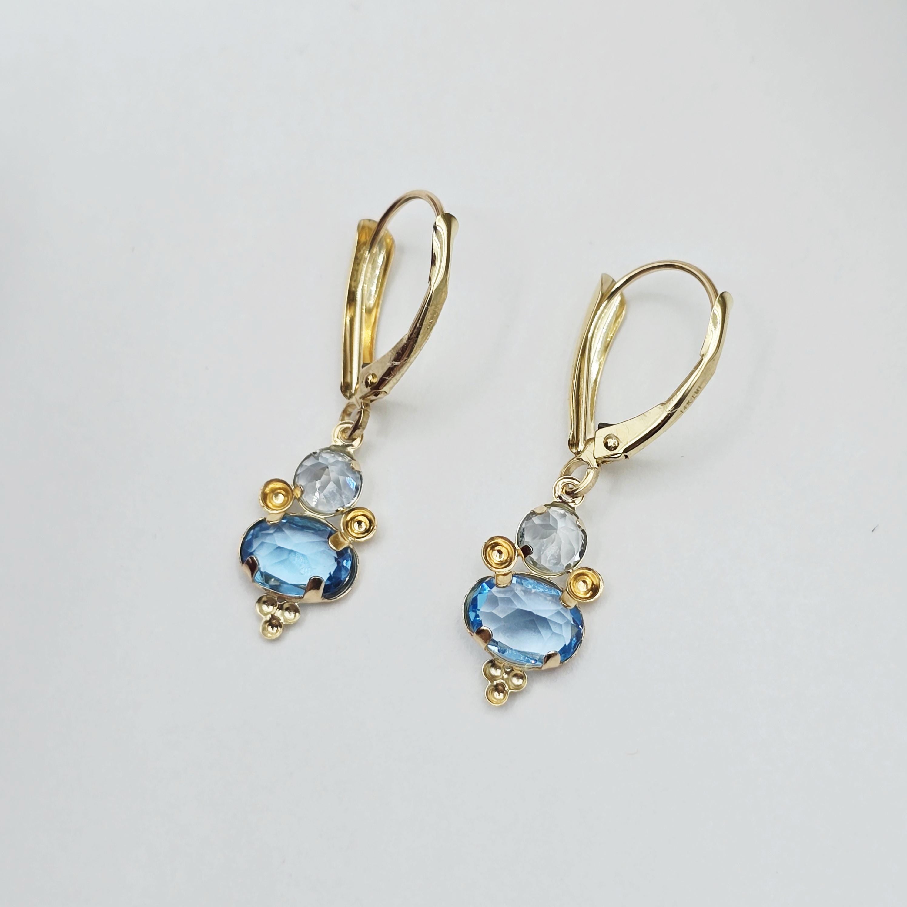 14K Yellow Gold Blue Topaz Aquamarine Dangle Earrings