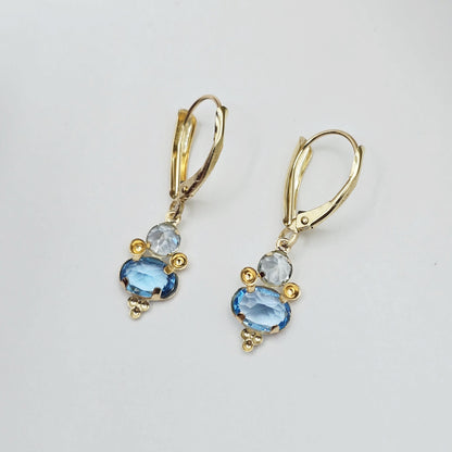 14K Yellow Gold Blue Topaz Aquamarine Dangle Earrings
