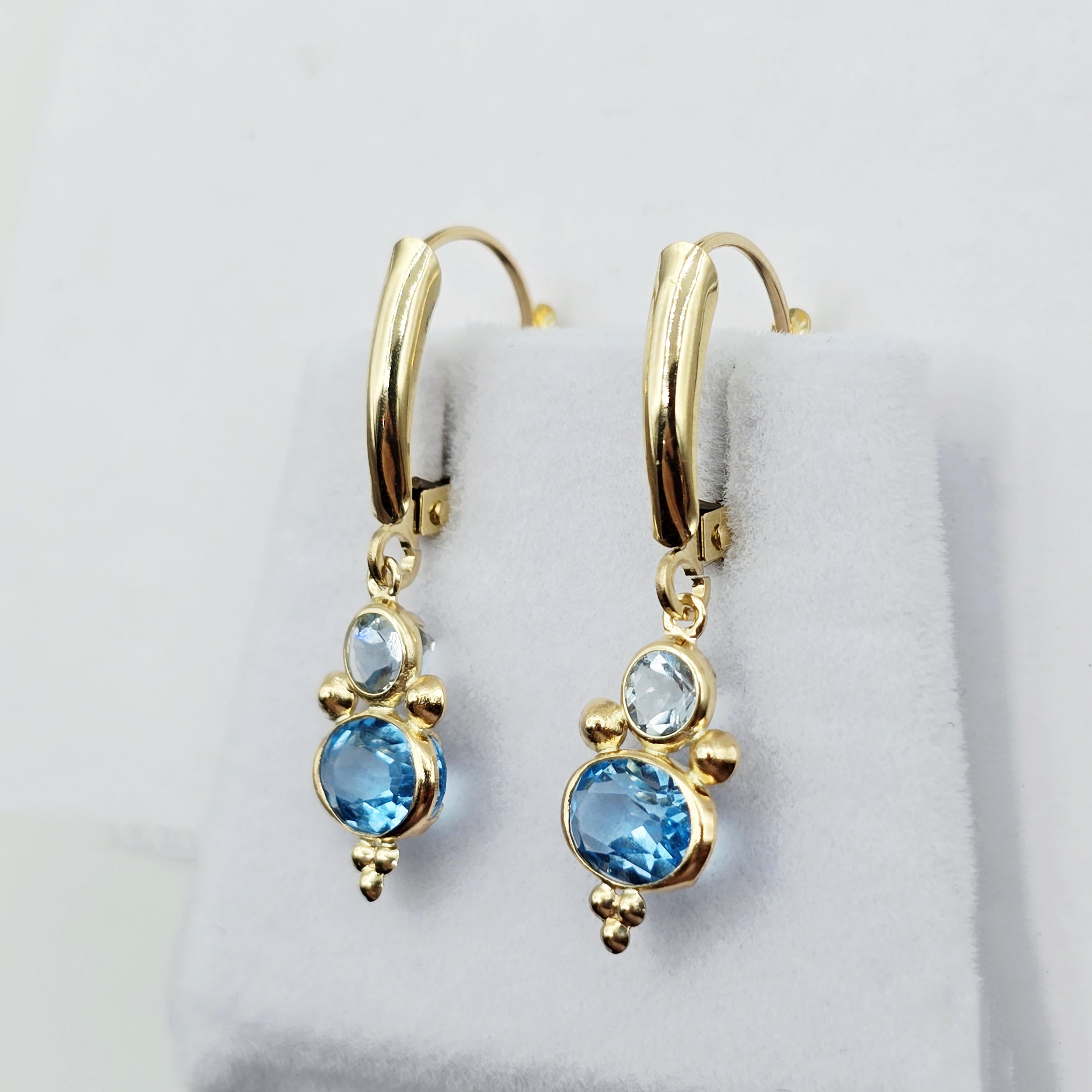 14K Yellow Gold Blue Topaz Aquamarine Dangle Earrings
