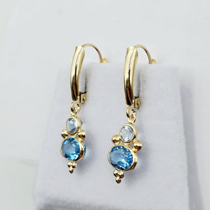 14K Yellow Gold Blue Topaz Aquamarine Dangle Earrings