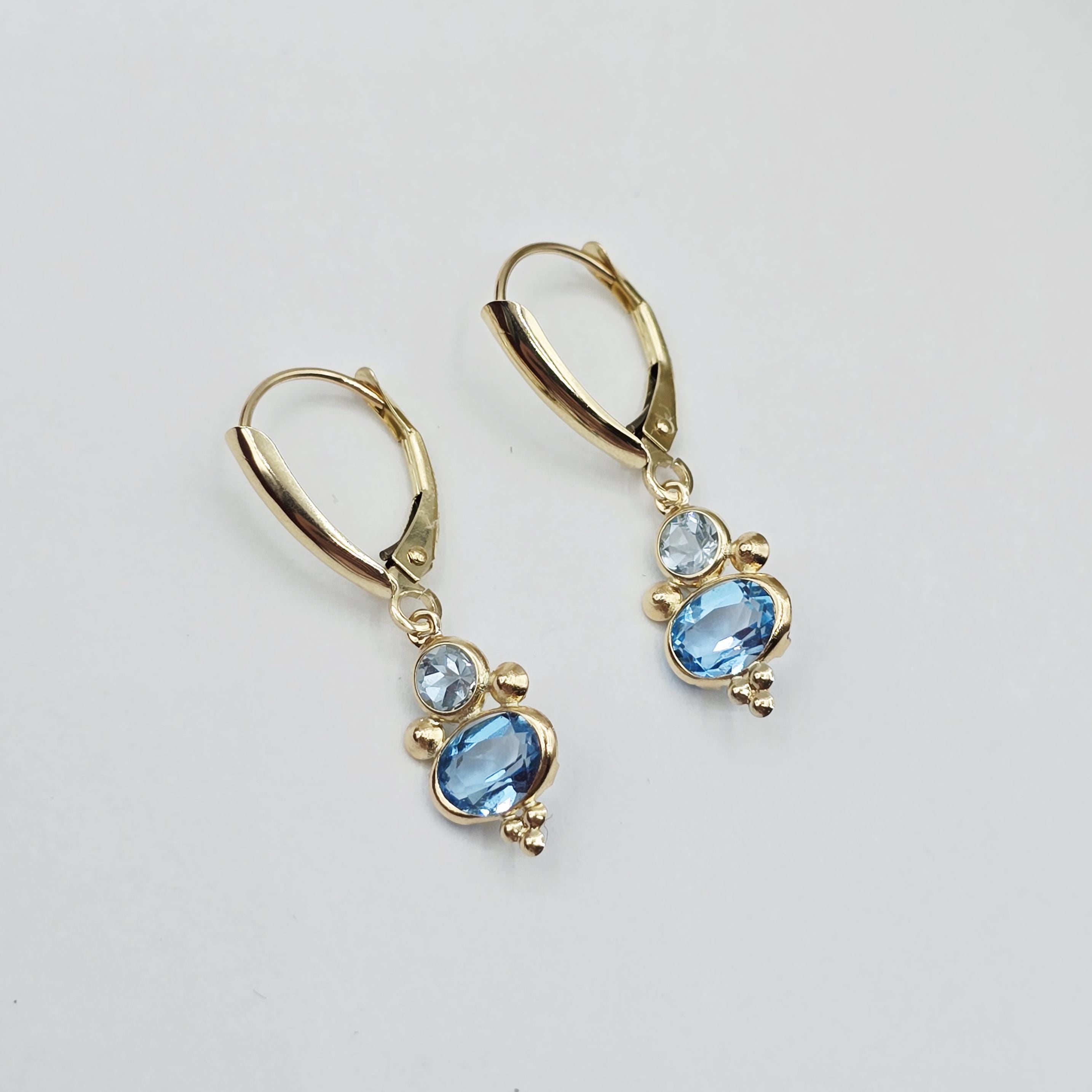 14K Yellow Gold Blue Topaz Aquamarine Dangle Earrings