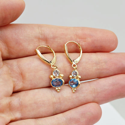 14K Yellow Gold Blue Topaz Aquamarine Dangle Earrings
